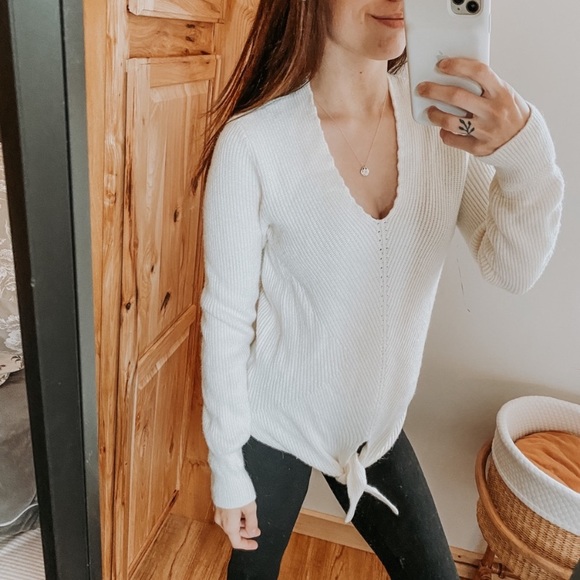 Anthropologie Moth Cream Ribbed Tie Front Sweater - Picture 7 of 7